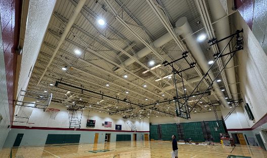 Dover Middle School gymnasium under LED high-bay fixtures, Dover, NH
